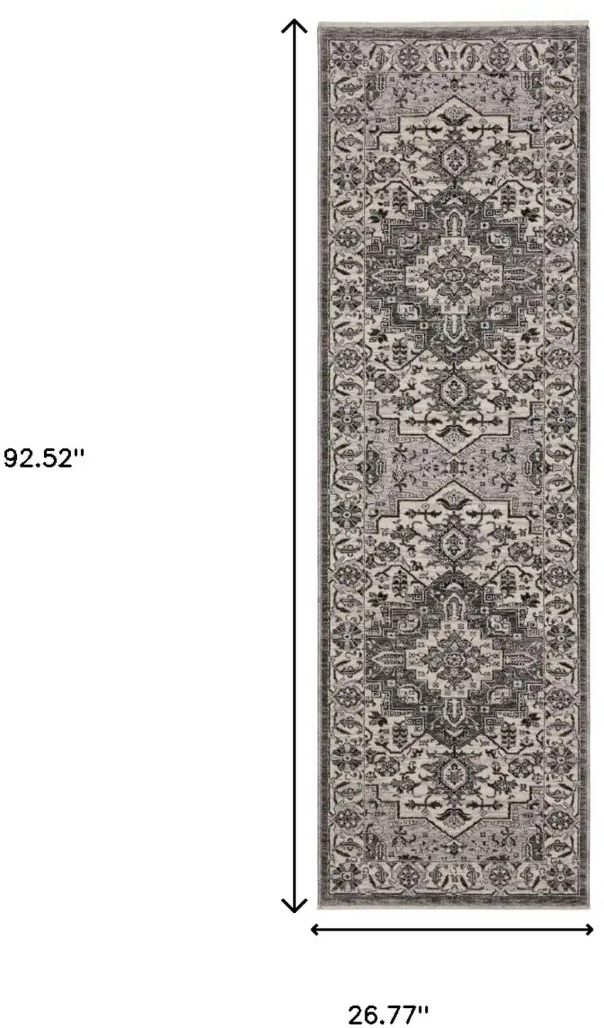 8' Gray And Ivory Medallion Runner Rug With Fringe Photo 3