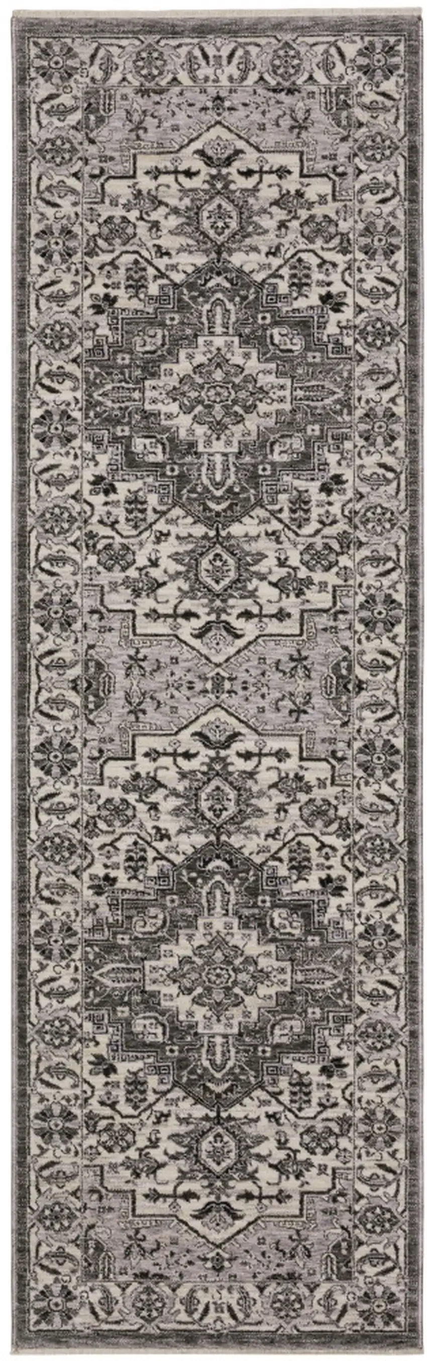 8' Gray And Ivory Medallion Runner Rug With Fringe Photo 2