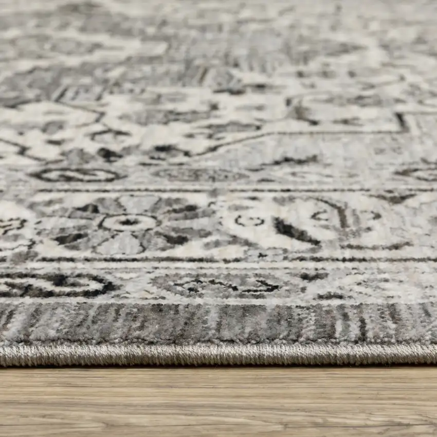 8' Gray And Ivory Medallion Runner Rug With Fringe Photo 5