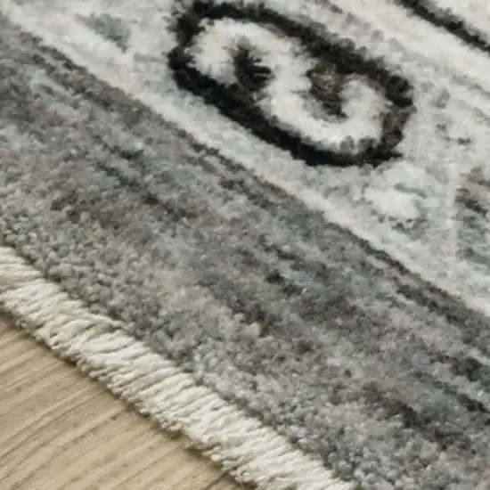 8' Gray And Ivory Medallion Runner Rug With Fringe Photo 9