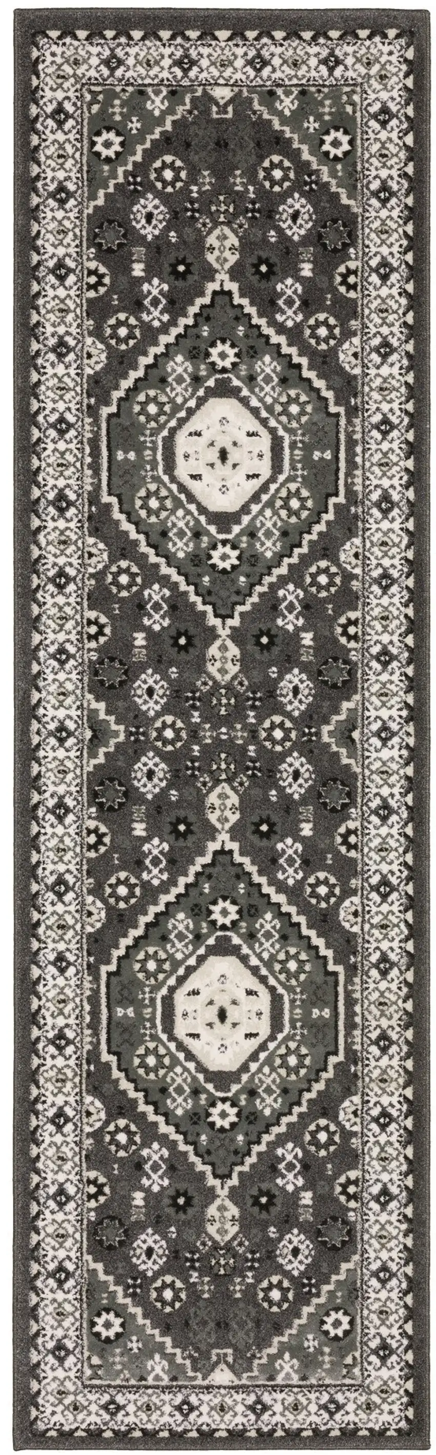 8' Gray And Ivory Medallion Runner Rug Photo 4