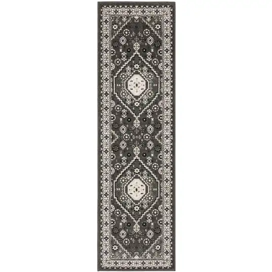 8' Gray And Ivory Medallion Runner Rug Photo 4