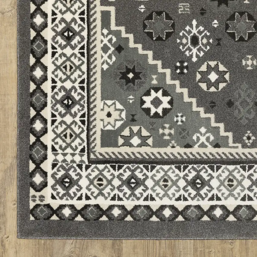 8' Gray And Ivory Medallion Runner Rug Photo 5
