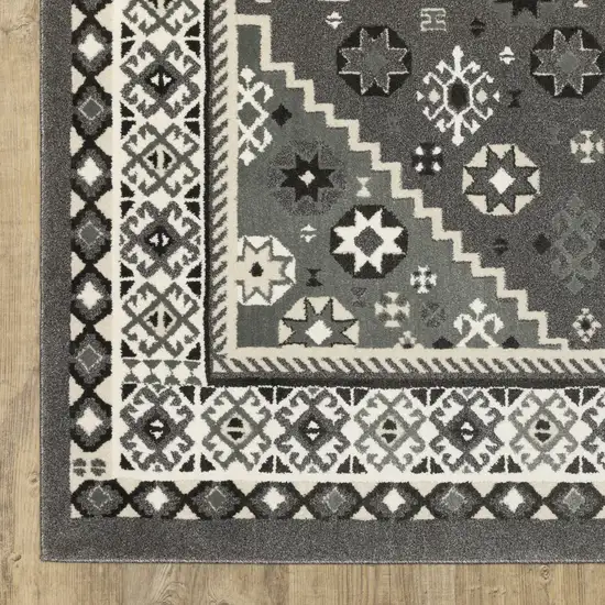 8' Gray And Ivory Medallion Runner Rug Photo 5