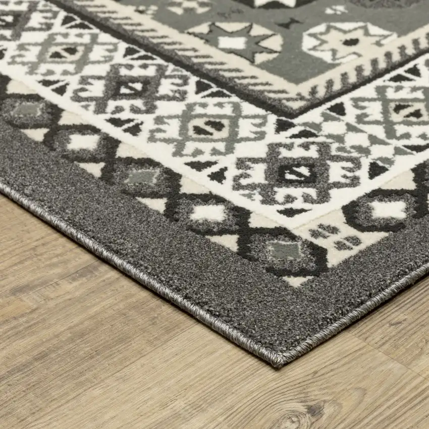 8' Gray And Ivory Medallion Runner Rug Photo 8
