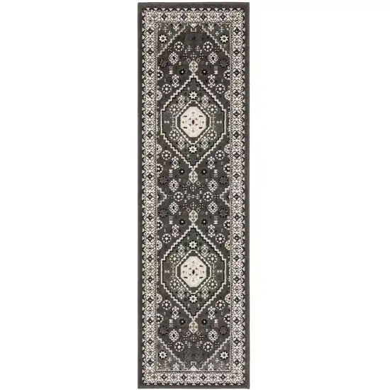 8' Gray And Ivory Medallion Runner Rug Photo 2