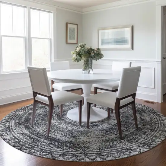 8' Gray And Ivory Medallion Washable Round Rug With UV Protection Photo 5
