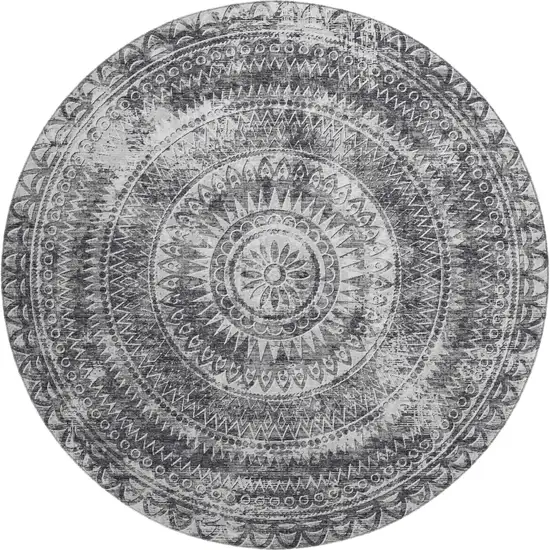8' Gray And Ivory Medallion Washable Round Rug With UV Protection Photo 2