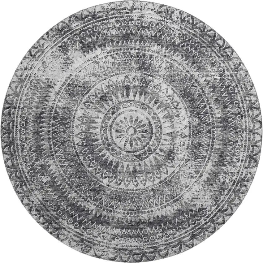 8' Gray And Ivory Medallion Washable Round Rug With UV Protection Photo 2