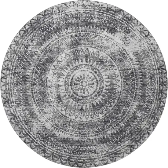8' Gray And Ivory Medallion Washable Round Rug With UV Protection Photo 4