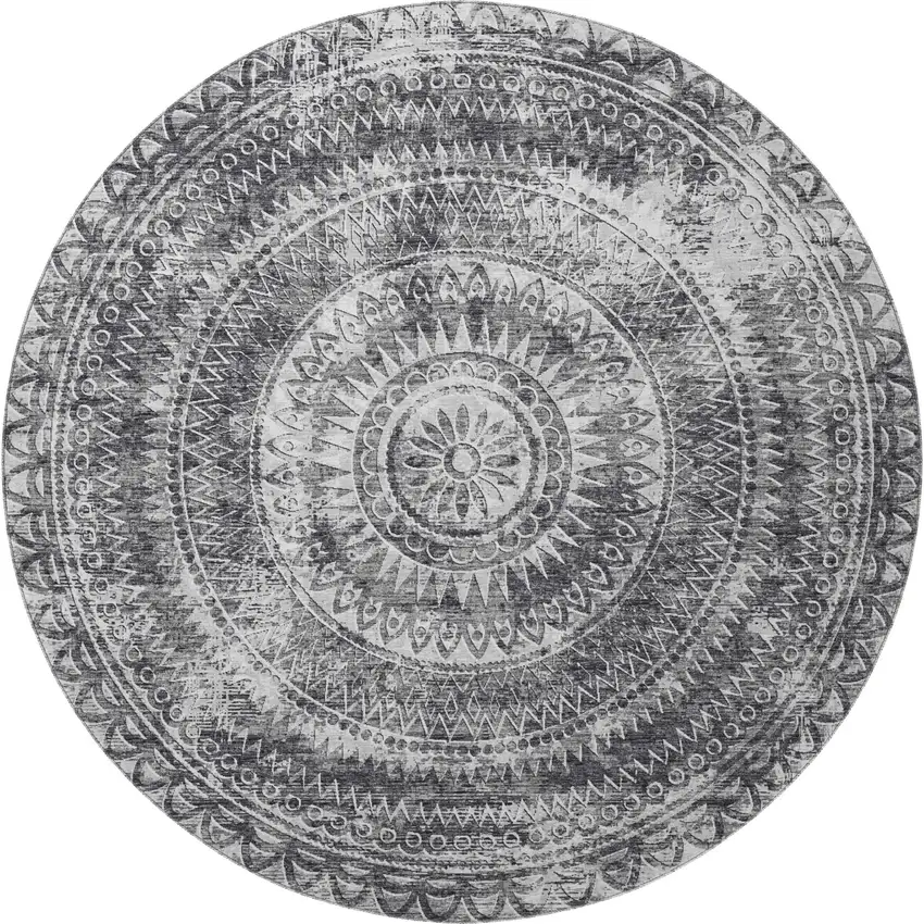 8' Gray And Ivory Medallion Washable Round Rug With UV Protection Photo 4