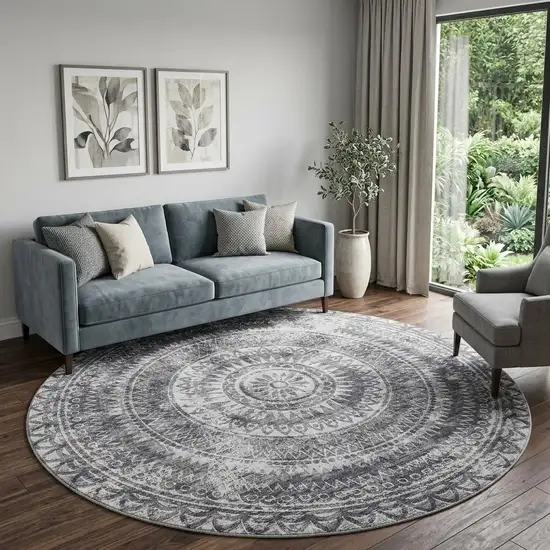 8' Gray And Ivory Medallion Washable Round Rug With UV Protection Photo 1