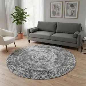 Photo of 8' Gray And Ivory Medallion Washable Round Rug With UV Protection