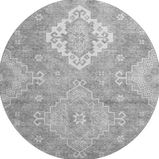 8' Gray And Ivory Medallion Washable Round Rug With UV Protection Photo 4
