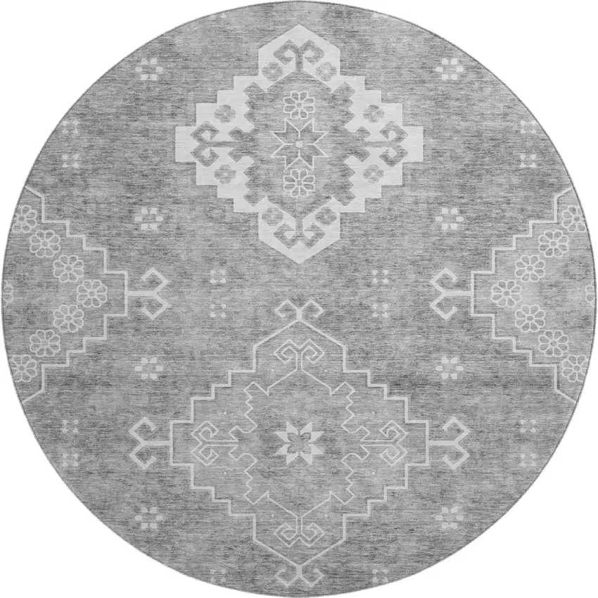 8' Gray And Ivory Medallion Washable Round Rug With UV Protection Photo 1