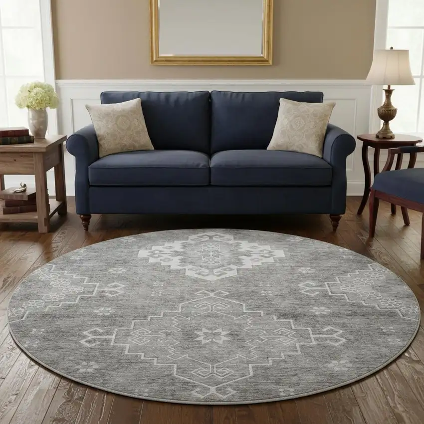 8' Gray And Ivory Medallion Washable Round Rug With UV Protection Photo 2