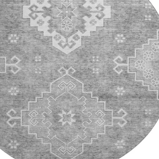 8' Gray And Ivory Medallion Washable Round Rug With UV Protection Photo 3