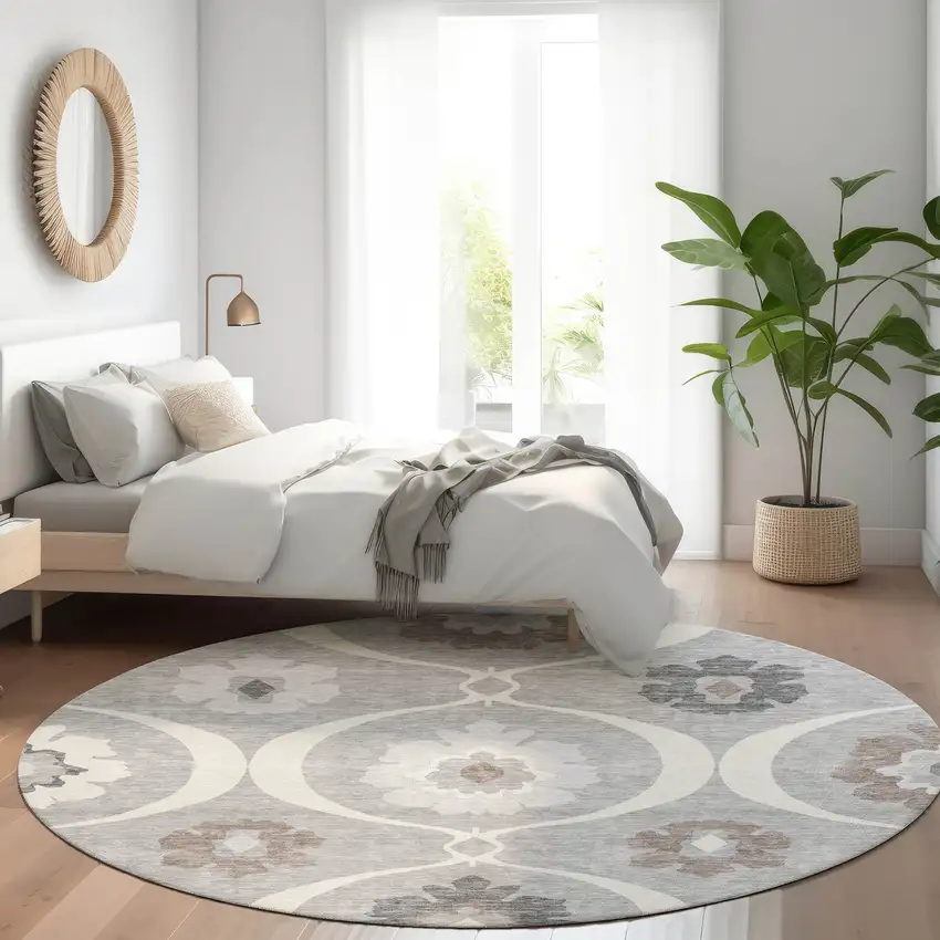 8' Gray And Ivory Medallion Washable Round Rug With UV Protection Photo 5