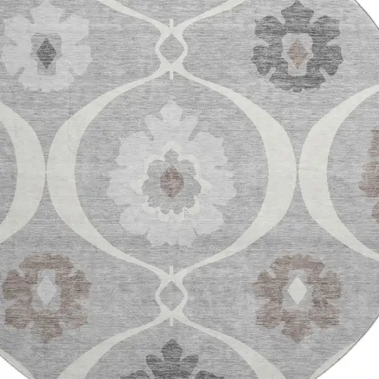 8' Gray And Ivory Medallion Washable Round Rug With UV Protection Photo 3