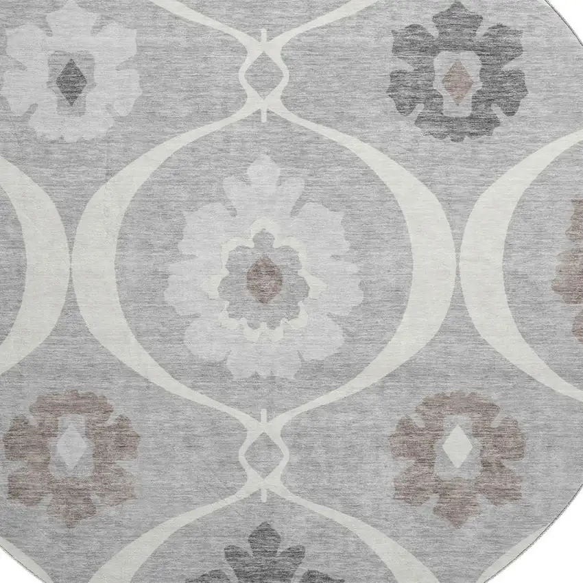 8' Gray And Ivory Medallion Washable Round Rug With UV Protection Photo 3