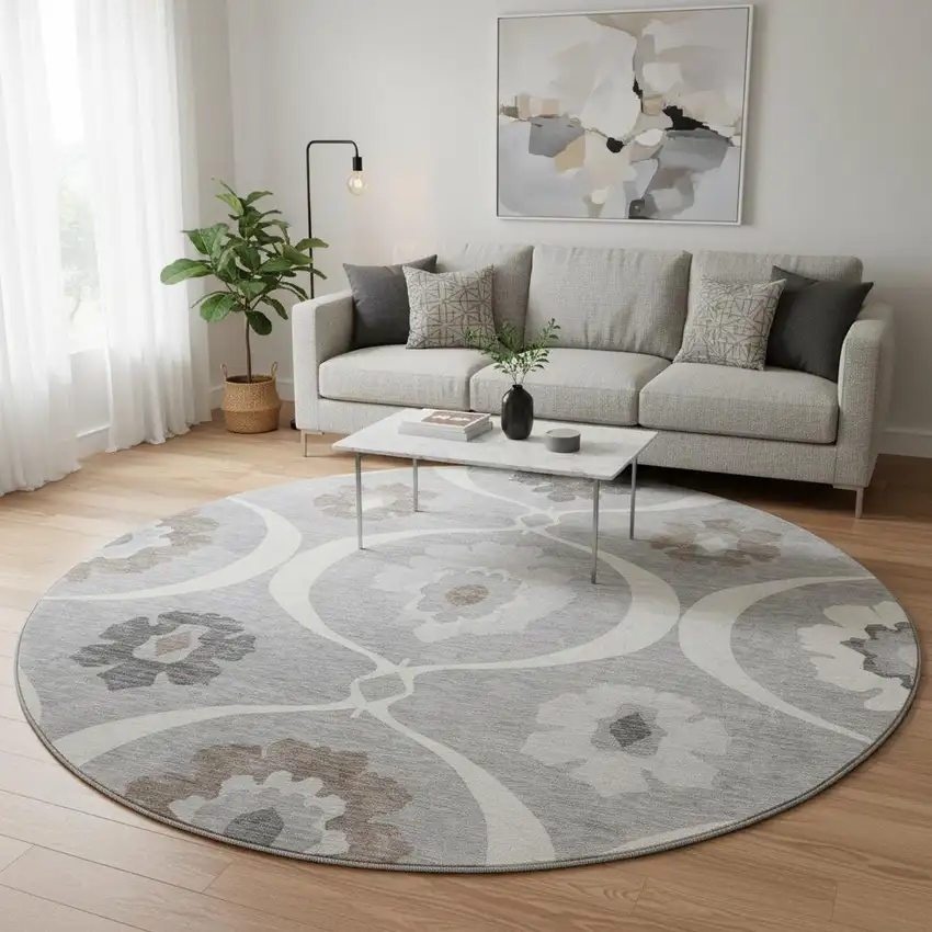 8' Gray And Ivory Medallion Washable Round Rug With UV Protection Photo 2