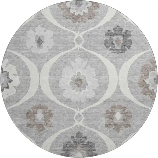 8' Gray And Ivory Medallion Washable Round Rug With UV Protection Photo 1