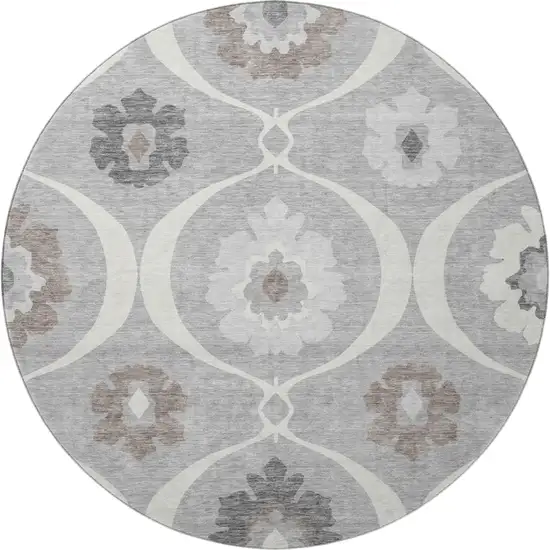 8' Gray And Ivory Medallion Washable Round Rug With UV Protection Photo 4