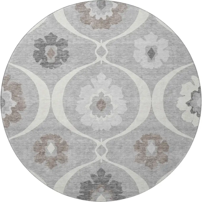 8' Gray And Ivory Medallion Washable Round Rug With UV Protection Photo 4