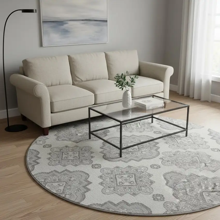 8' Gray And Ivory Medallion Washable Round Rug With UV Protection Photo 2