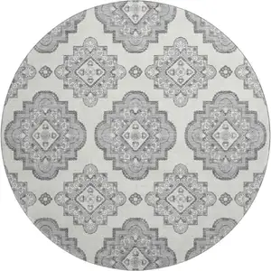 Photo of 8' Gray And Ivory Medallion Washable Round Rug With UV Protection
