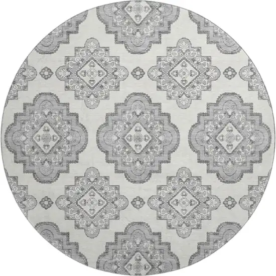 8' Gray And Ivory Medallion Washable Round Rug With UV Protection Photo 1