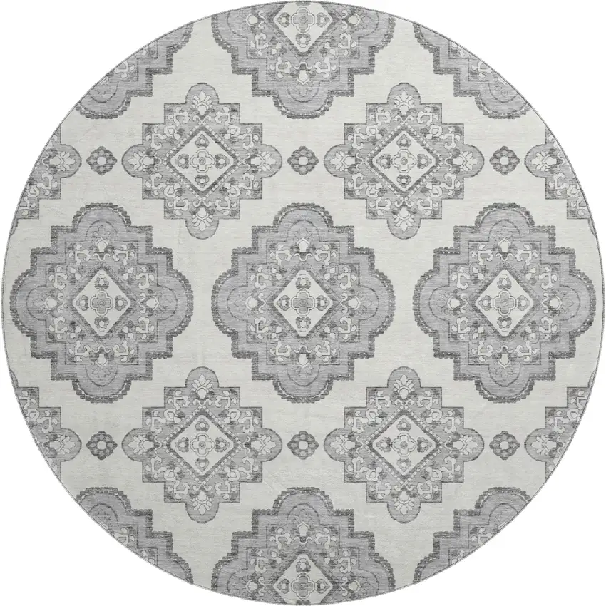 8' Gray And Ivory Medallion Washable Round Rug With UV Protection Photo 1