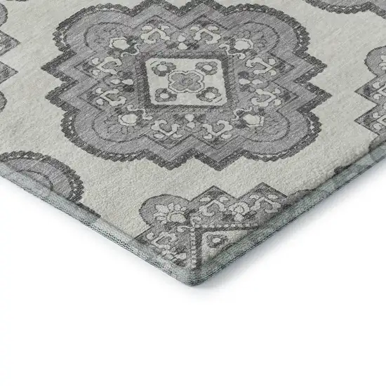 8' Gray And Ivory Medallion Washable Round Rug With UV Protection Photo 7