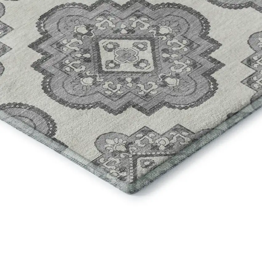 8' Gray And Ivory Medallion Washable Round Rug With UV Protection Photo 7