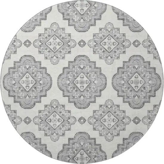 8' Gray And Ivory Medallion Washable Round Rug With UV Protection Photo 4