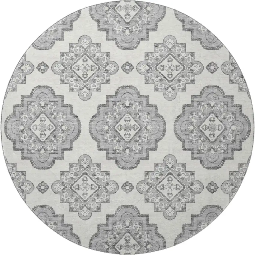 8' Gray And Ivory Medallion Washable Round Rug With UV Protection Photo 4