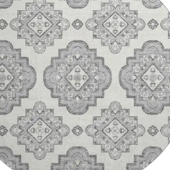 8' Gray And Ivory Medallion Washable Round Rug With UV Protection Photo 3