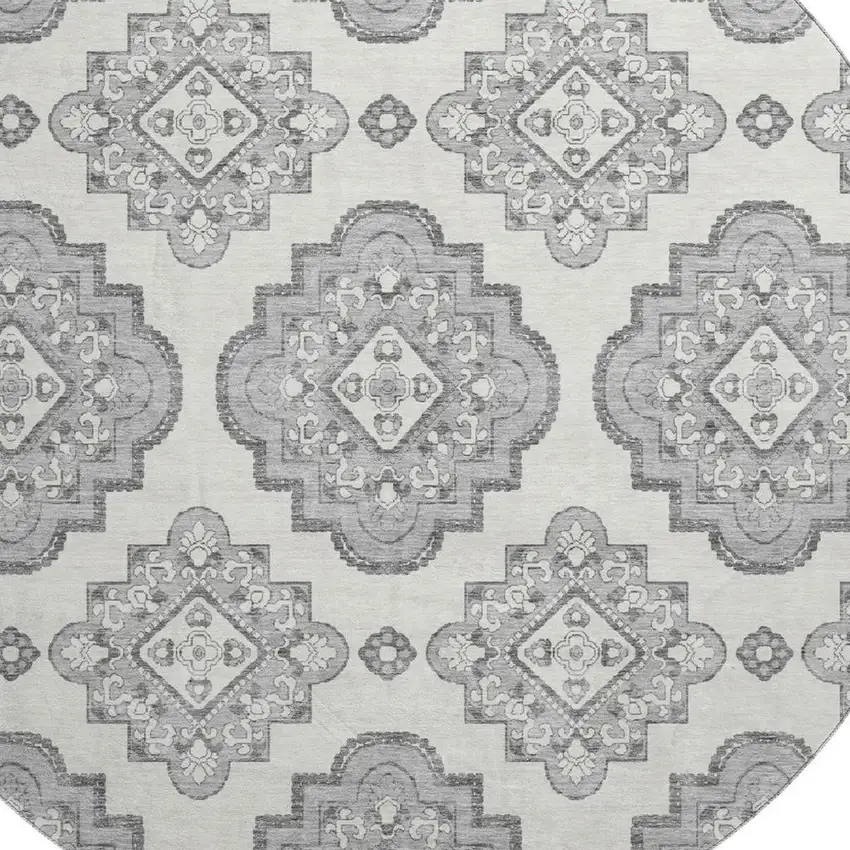 8' Gray And Ivory Medallion Washable Round Rug With UV Protection Photo 3