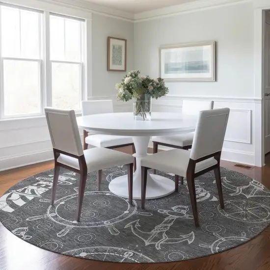 8' Gray And Ivory Nautical Washable Round Rug With UV Protection Photo 6
