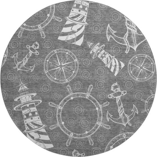 8' Gray And Ivory Nautical Washable Round Rug With UV Protection Photo 2