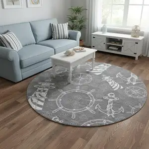 Photo of 8' Gray And Ivory Nautical Washable Round Rug With UV Protection
