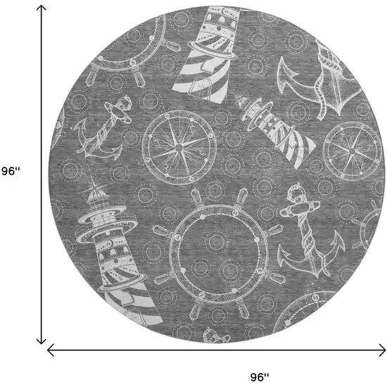 8' Gray And Ivory Nautical Washable Round Rug With UV Protection Photo 3
