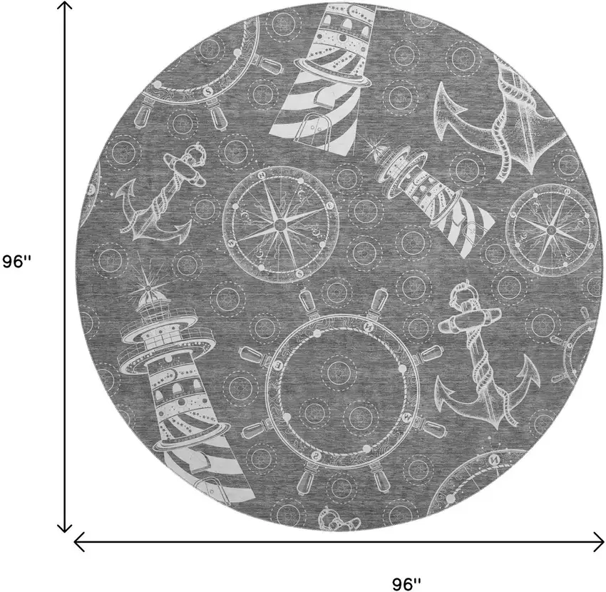 8' Gray And Ivory Nautical Washable Round Rug With UV Protection Photo 3