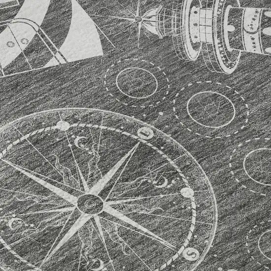 8' Gray And Ivory Nautical Washable Round Rug With UV Protection Photo 9