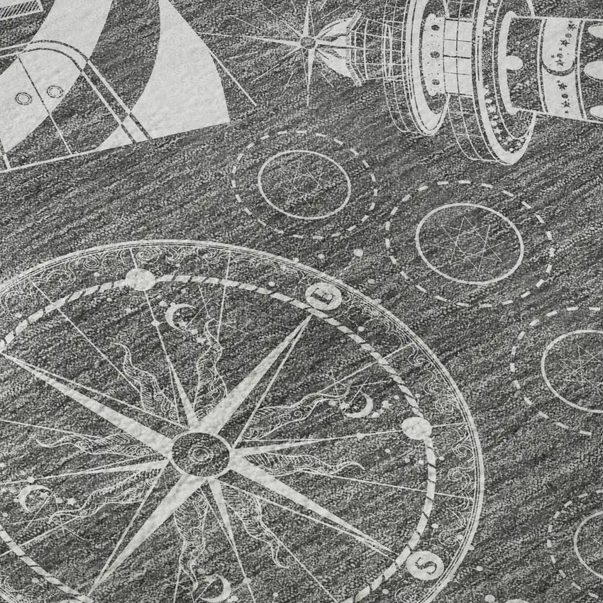 8' Gray And Ivory Nautical Washable Round Rug With UV Protection Photo 9