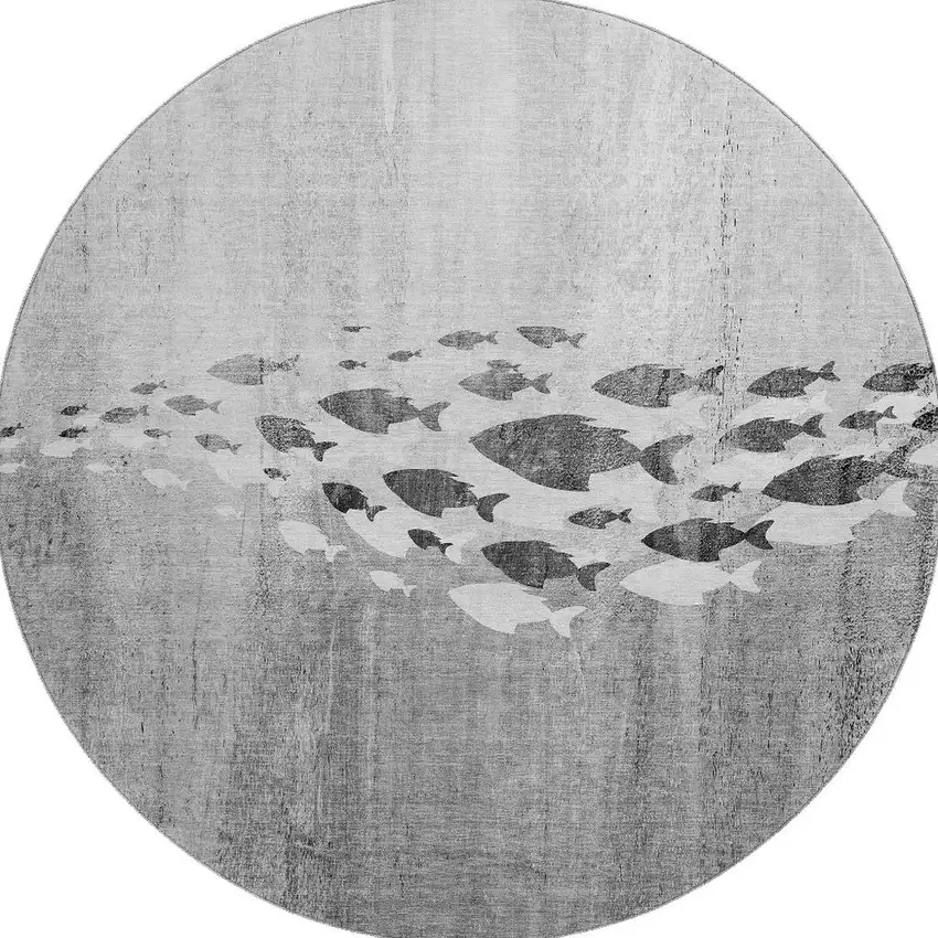 8' Gray And Ivory Nautical Washable Round Rug With UV Protection Photo 3