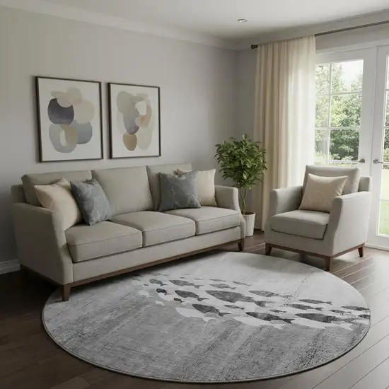 8' Gray And Ivory Nautical Washable Round Rug With UV Protection Photo 1