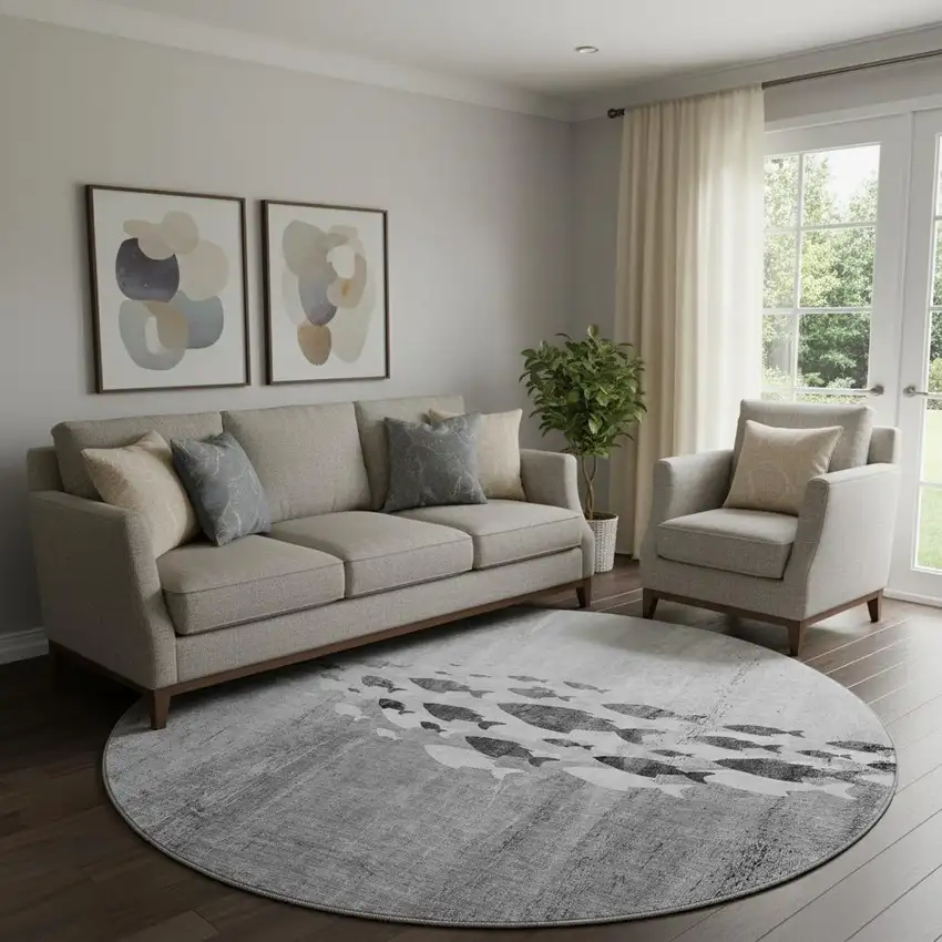 8' Gray And Ivory Nautical Washable Round Rug With UV Protection Photo 1