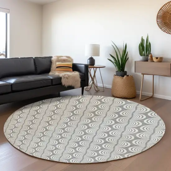 8' Gray And Ivory Ogee Washable Round Rug With UV Protection Photo 4
