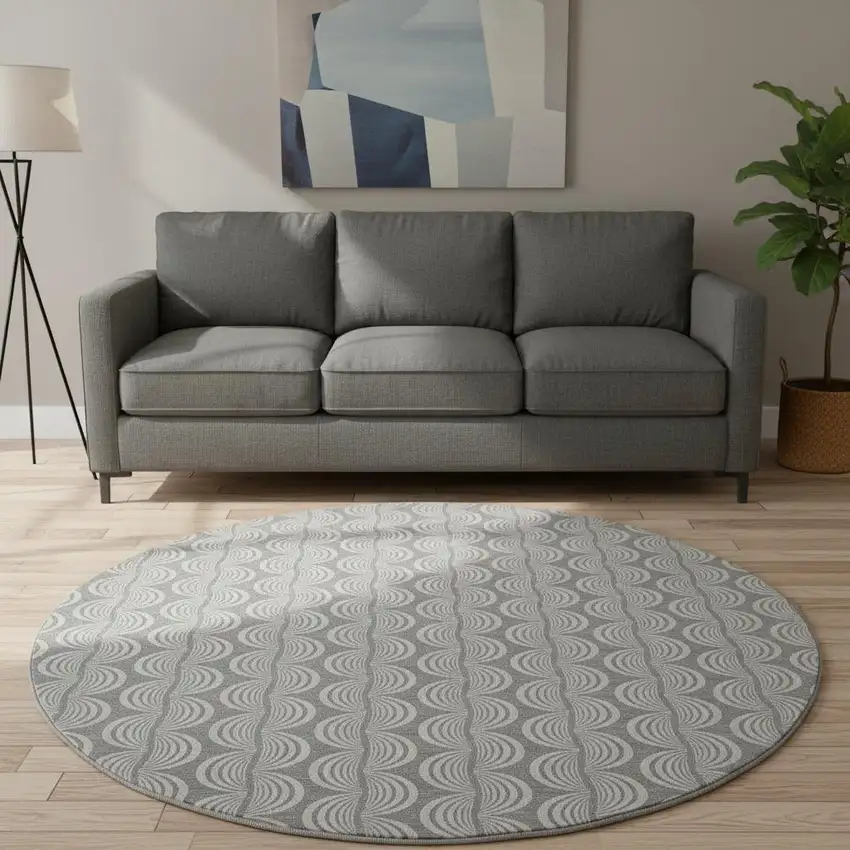 8' Gray And Ivory Ogee Washable Round Rug With UV Protection Photo 1
